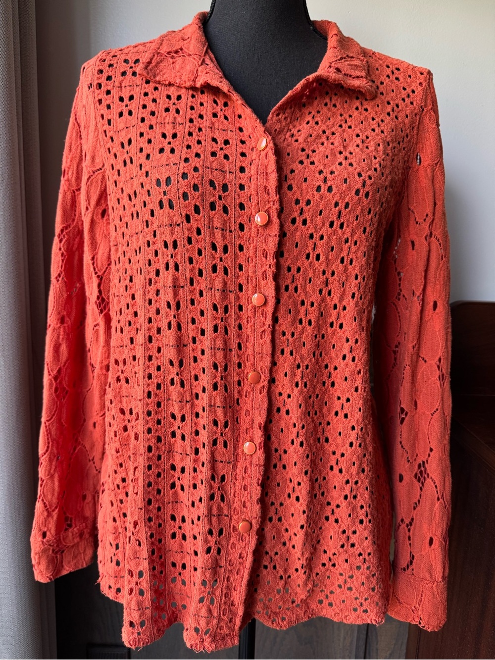 Nicole Miller atelier orange Open-Knit Button-Front Top large